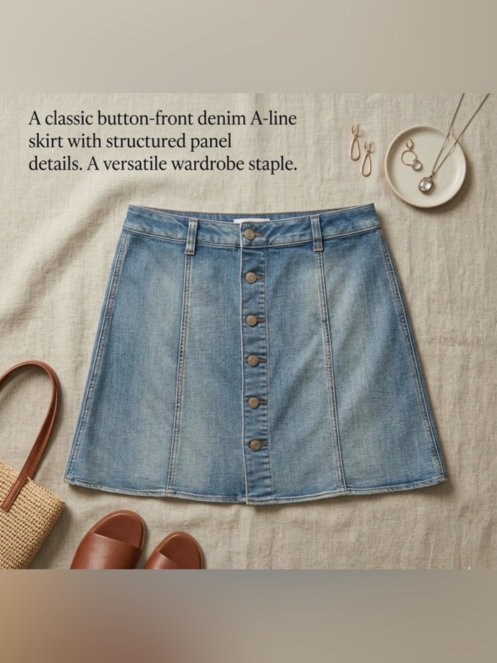 Faded Glory Light Blue Button-Front Denim A-Line Skirt